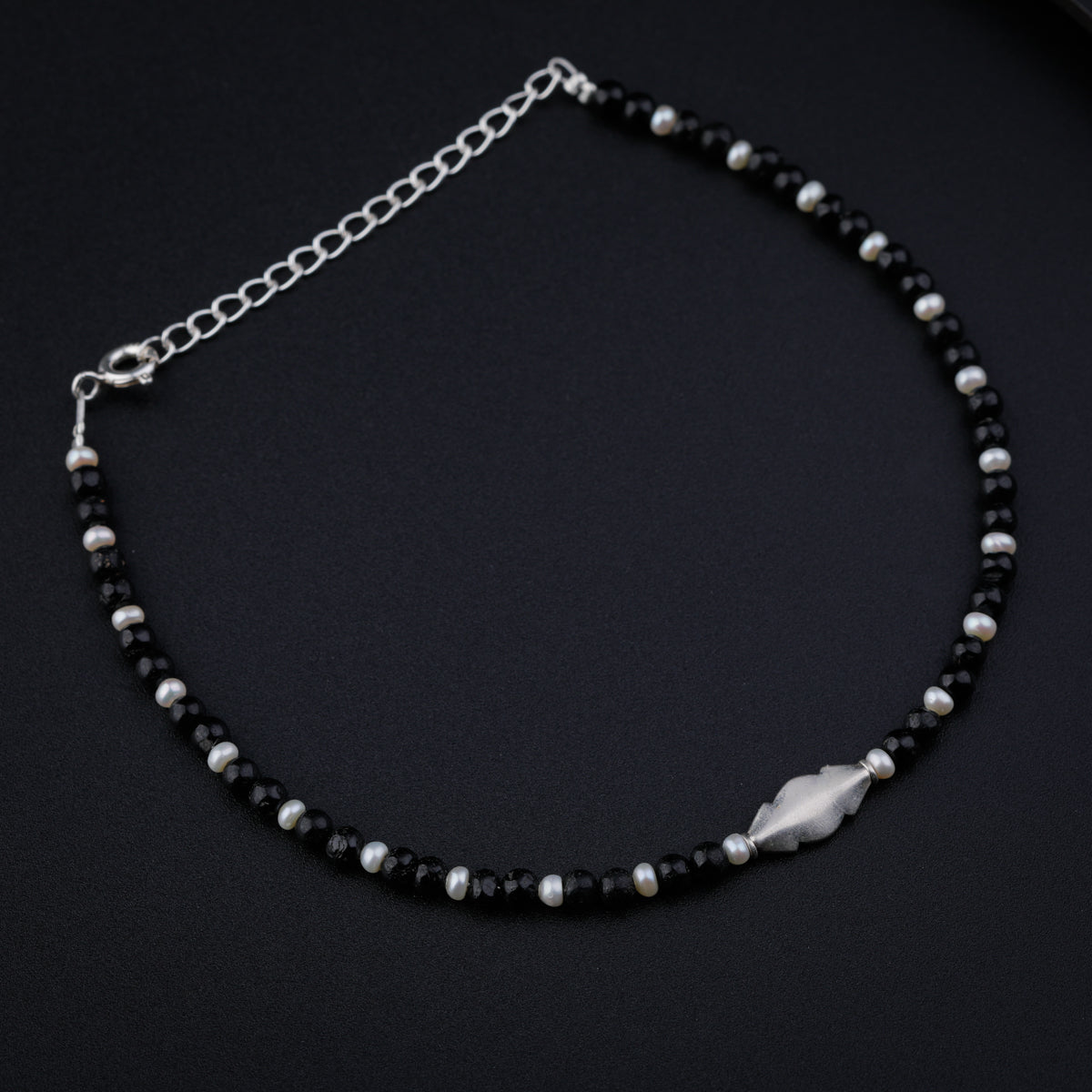 Silver Black Spinel and Pearl Anklet