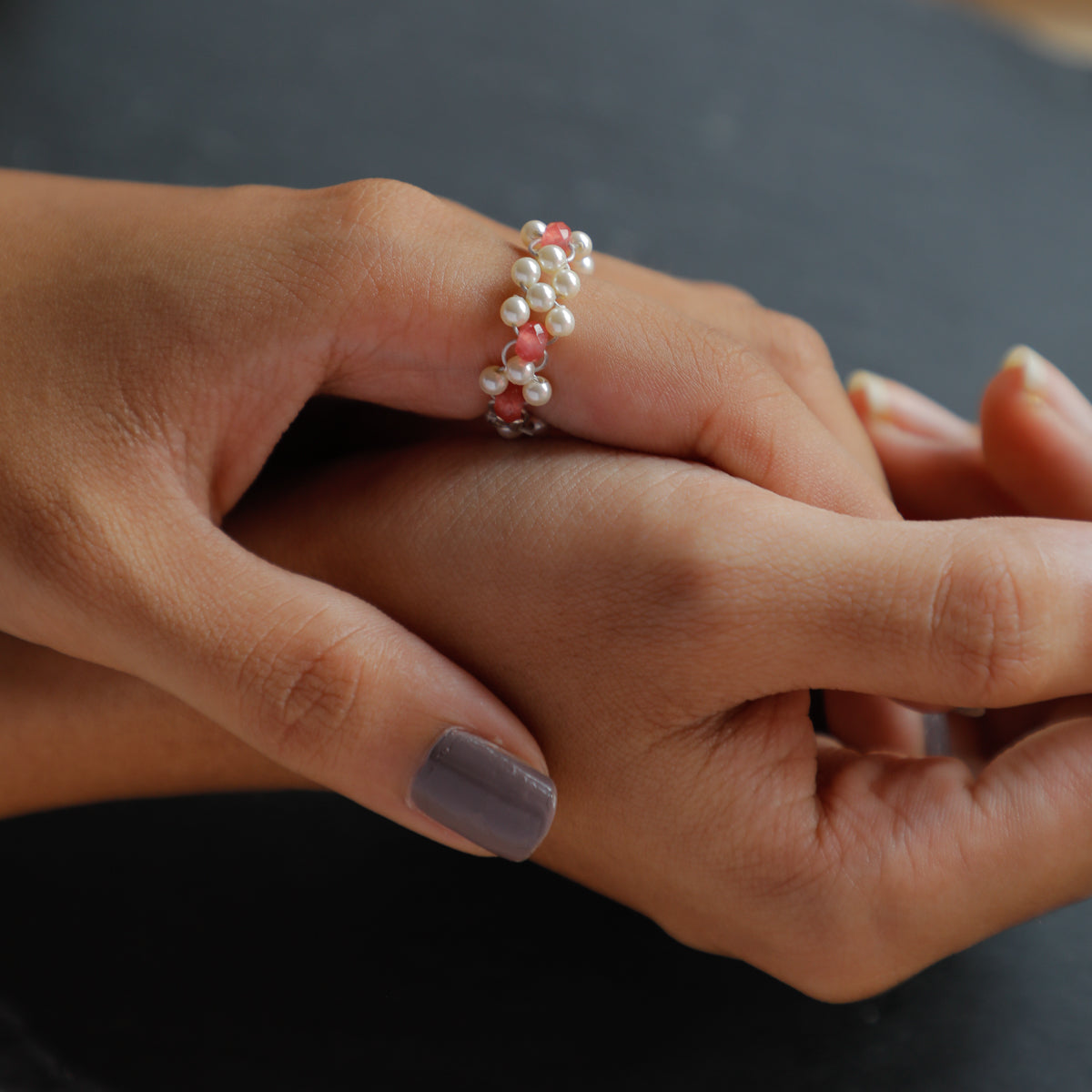 Pearls and Rose Quartz Beaded Ring