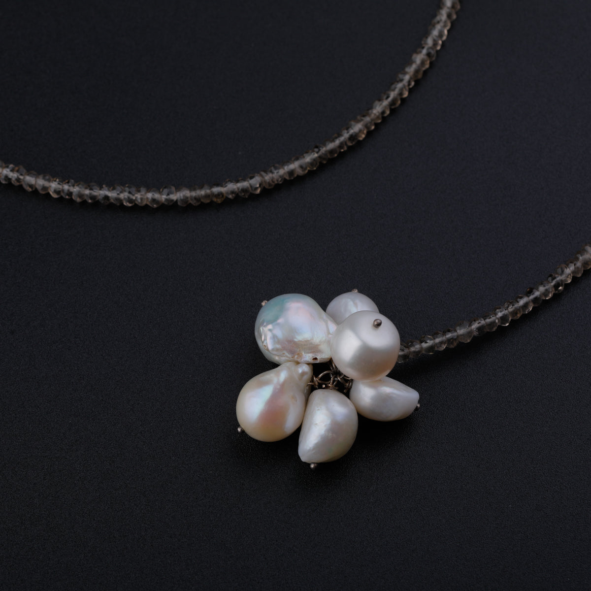 Silver Tie & Wear Necklace with Smokey Quarts Stones and Baroque Pearls