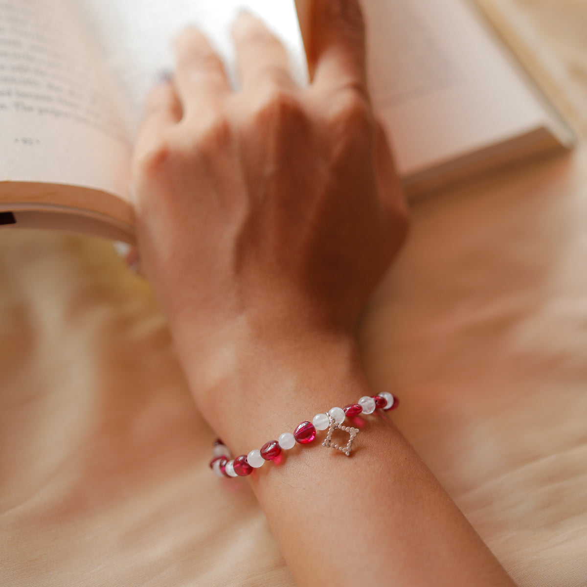 Silver Diamond Shaped Motif Bracelet with Ruby and Moonstone