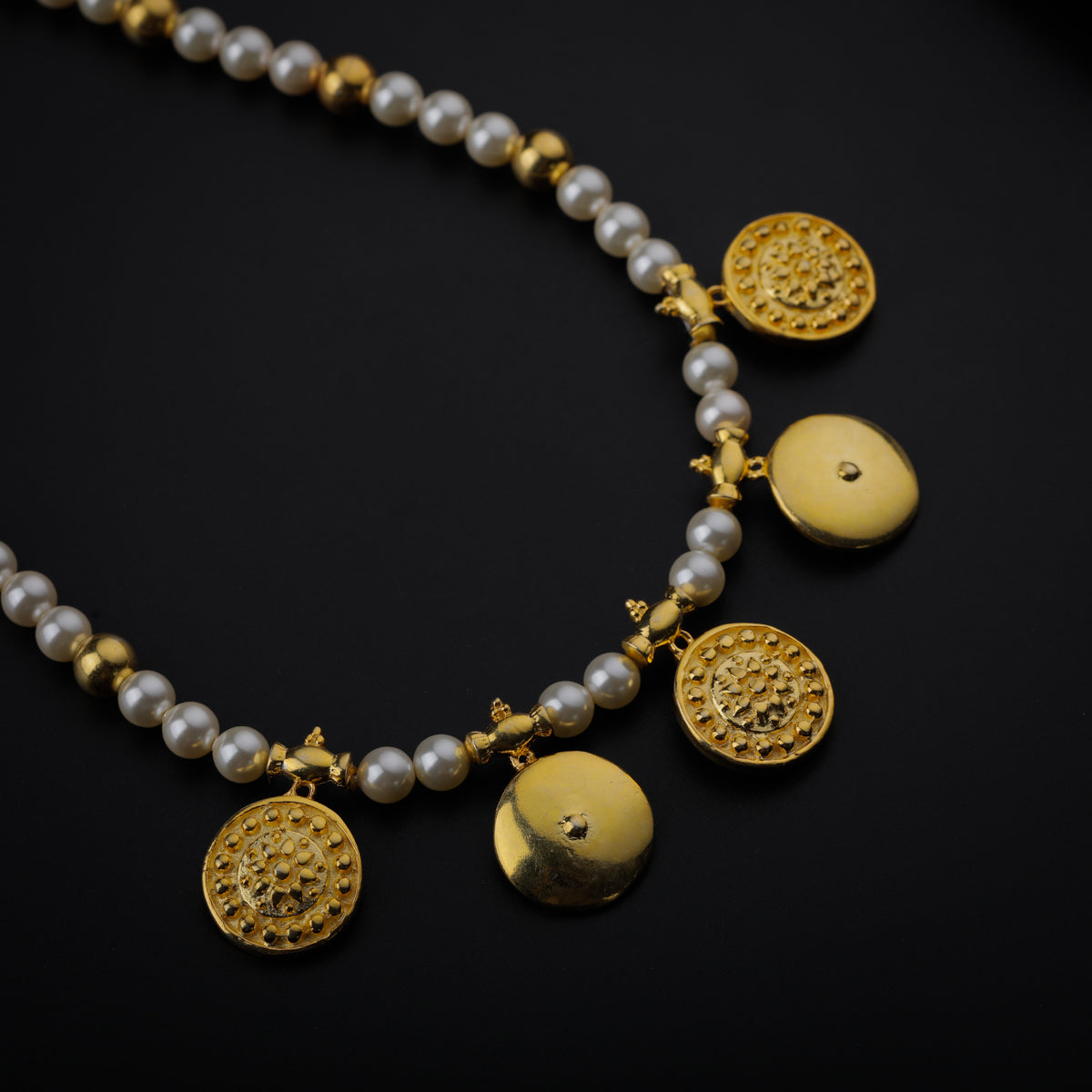 Gold Plated Silver Pearl Necklace with वाडगा (Vadagaa) and बदाम (Badam) Motif