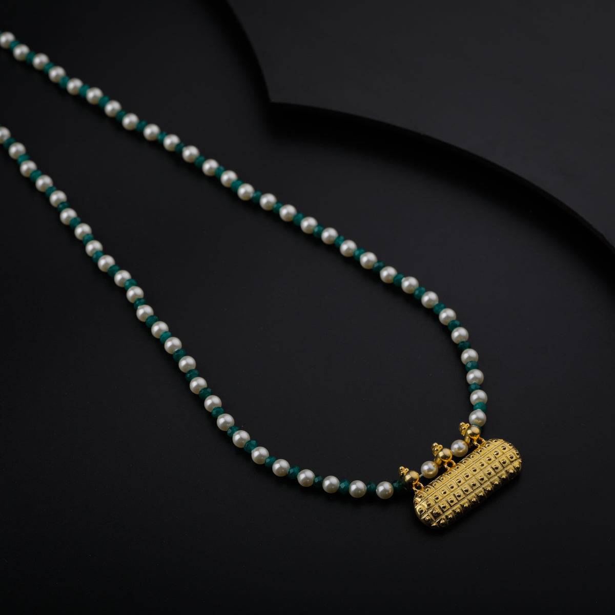 Green Onyx and Pearl Necklace with ताईत (Taait) Motif |  92.5 Silver | 22K Gold Plated