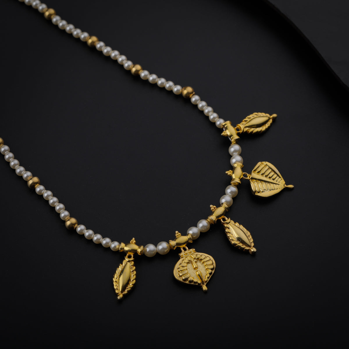 Pearl Necklace with Leaf and बदाम (Badam) Motif |  92.5 Silver | 22K Gold Plated