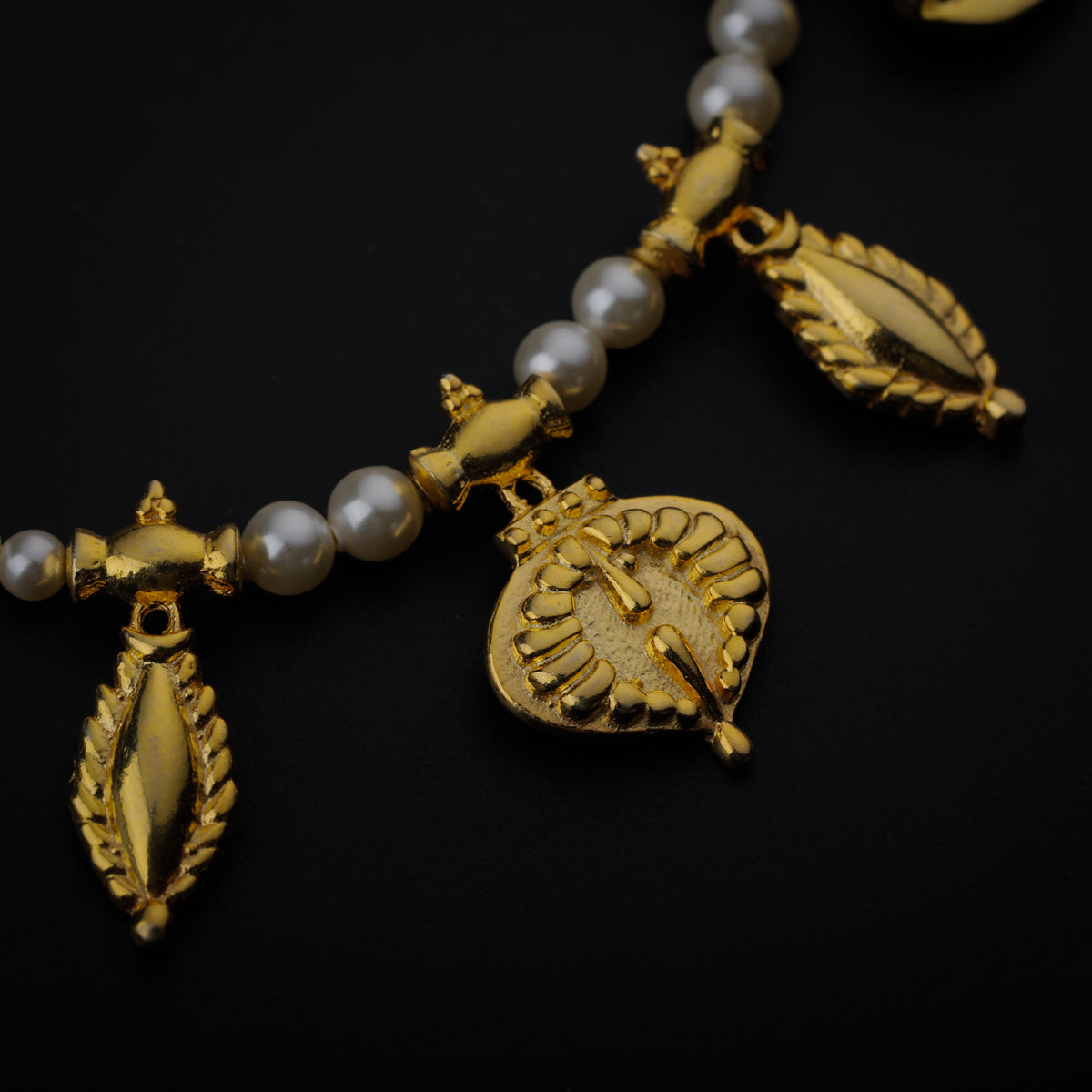 Pearl Necklace with Leaf and बदाम (Badam) Motif |  92.5 Silver | 22K Gold Plated