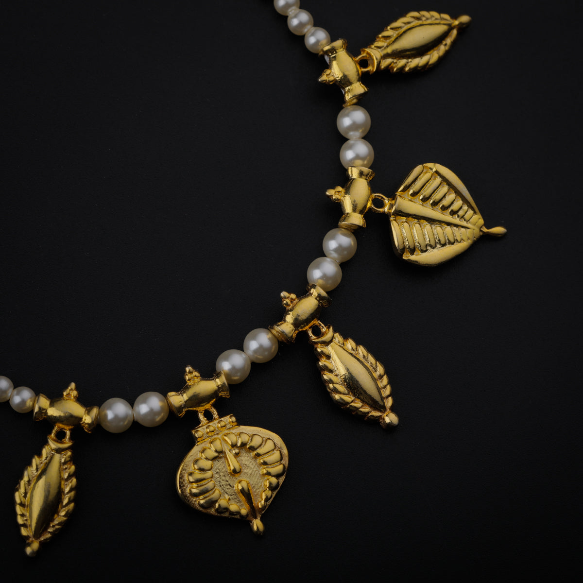 Pearl Necklace with Leaf and बदाम (Badam) Motif |  92.5 Silver | 22K Gold Plated