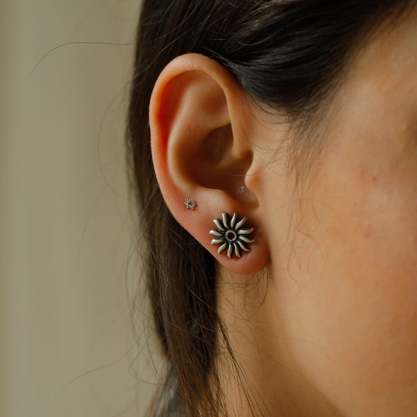 Silver Sun Motif Studs earrings with handcrafted design