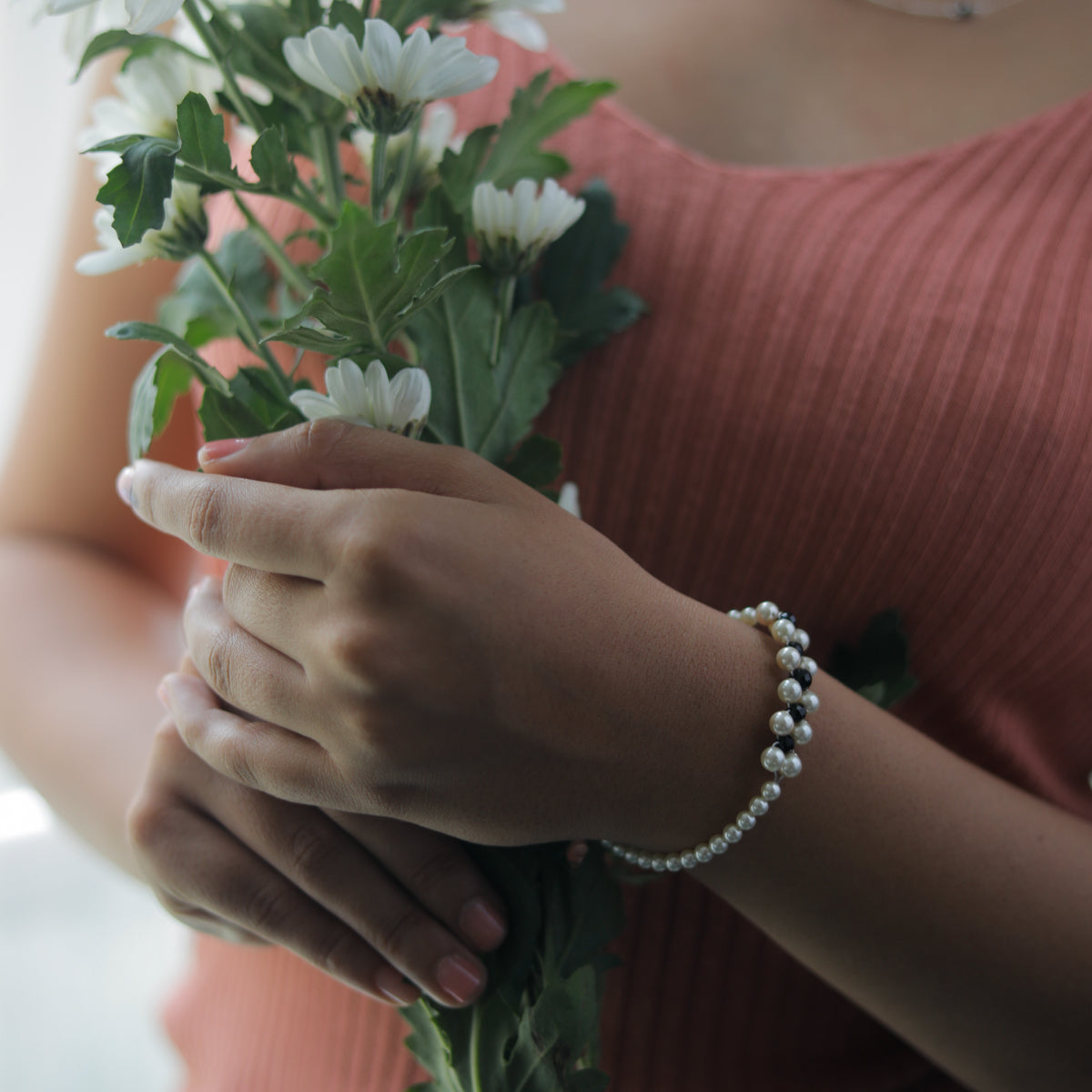 Silver Black Spinel and Pearl Bracelet