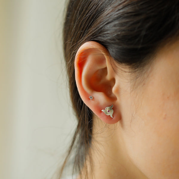 Nakshatra silver stud earrings close-up showing sculpted design