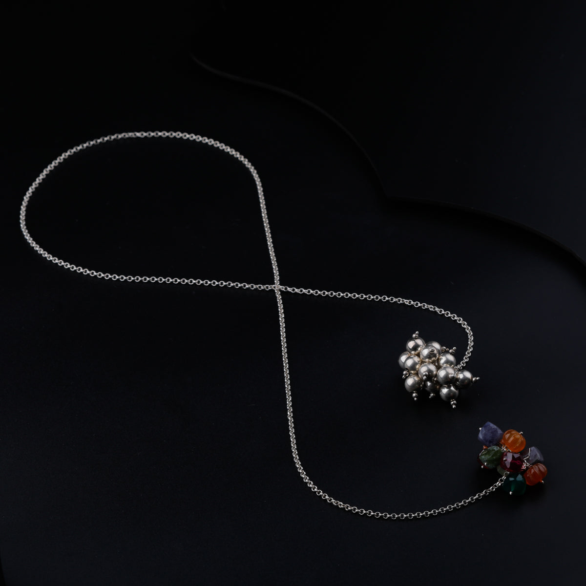 Silver Tie & Wear Necklace with Multicolor Semi-Precious Stones and Silver Beads