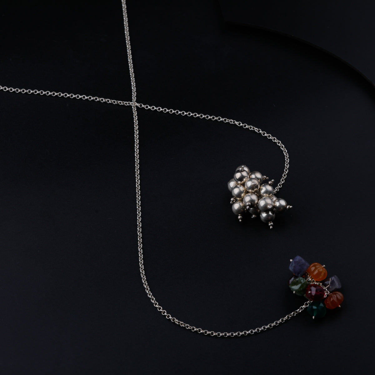 Silver Tie & Wear Necklace with Multicolor Semi-Precious Stones and Silver Beads