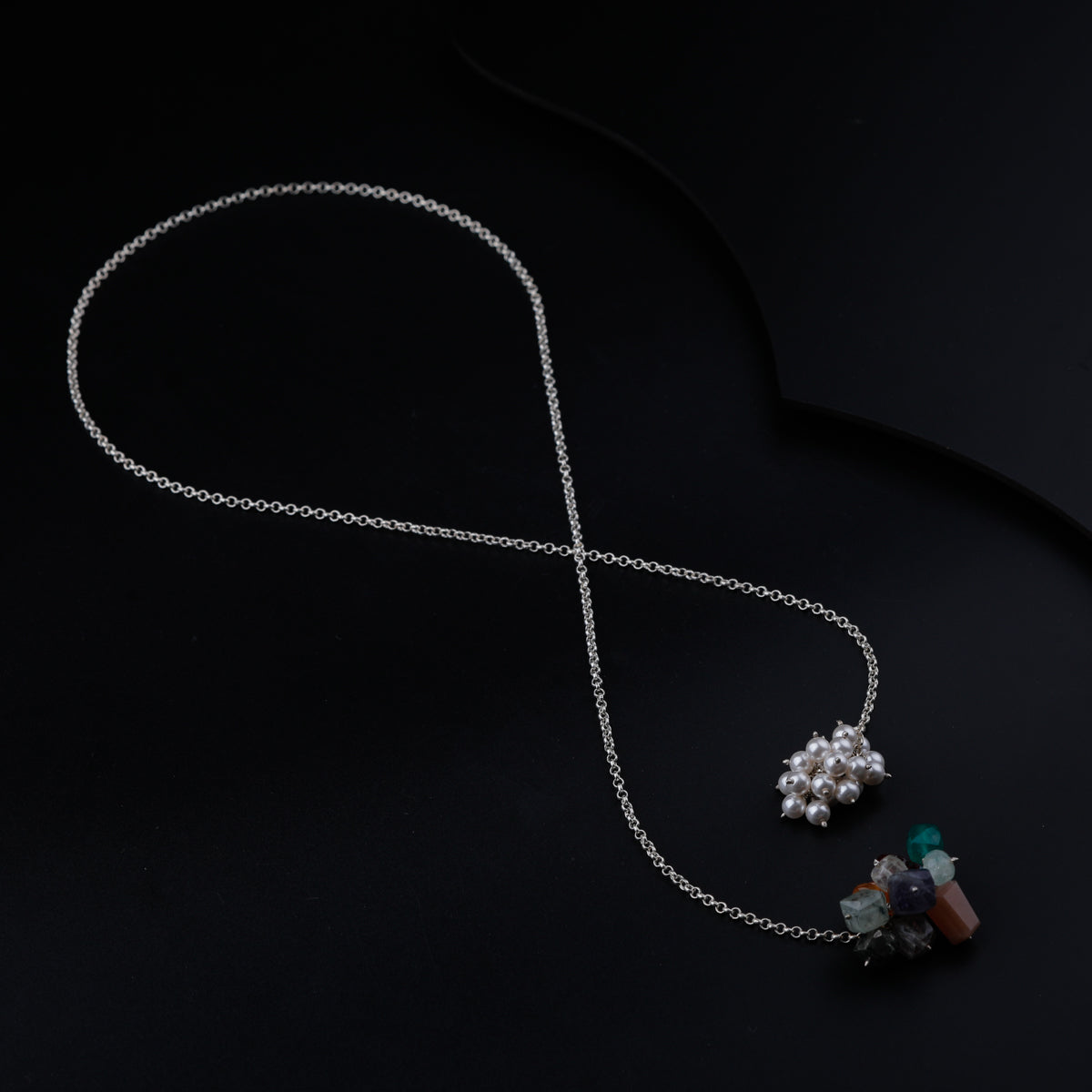 Silver Tie & Wear Necklace with Multicolor Semi-Precious Stones and Pearls