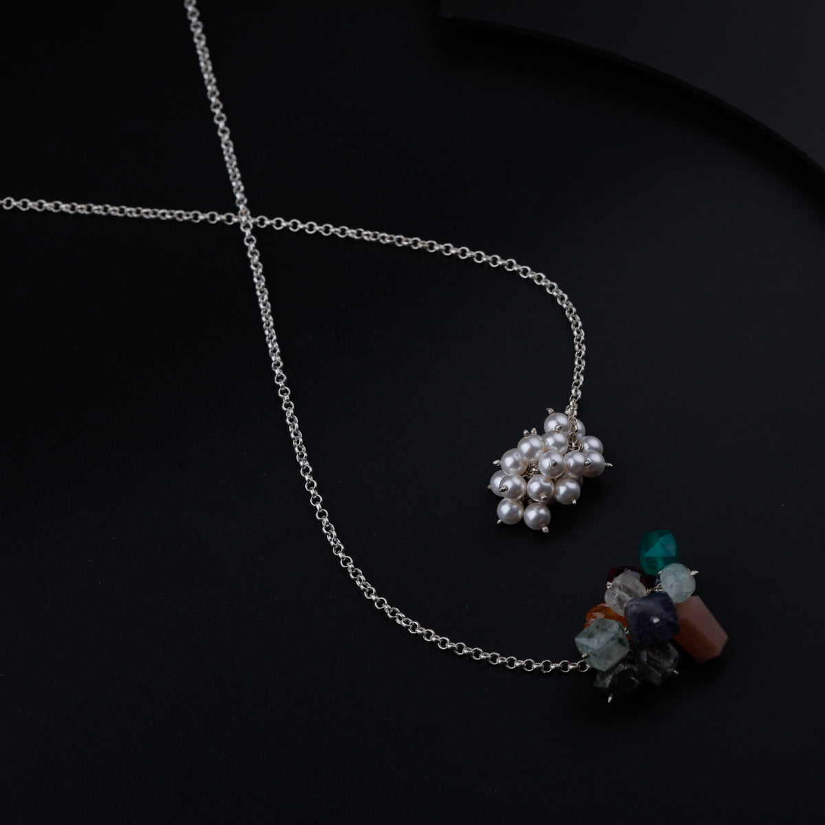 Silver Tie & Wear Necklace with Multicolor Semi-Precious Stones and Pearls