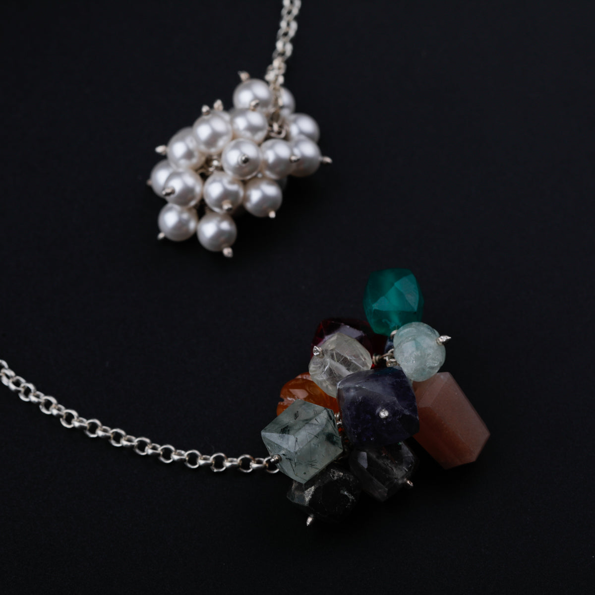 Silver Tie & Wear Necklace with Multicolor Semi-Precious Stones and Pearls