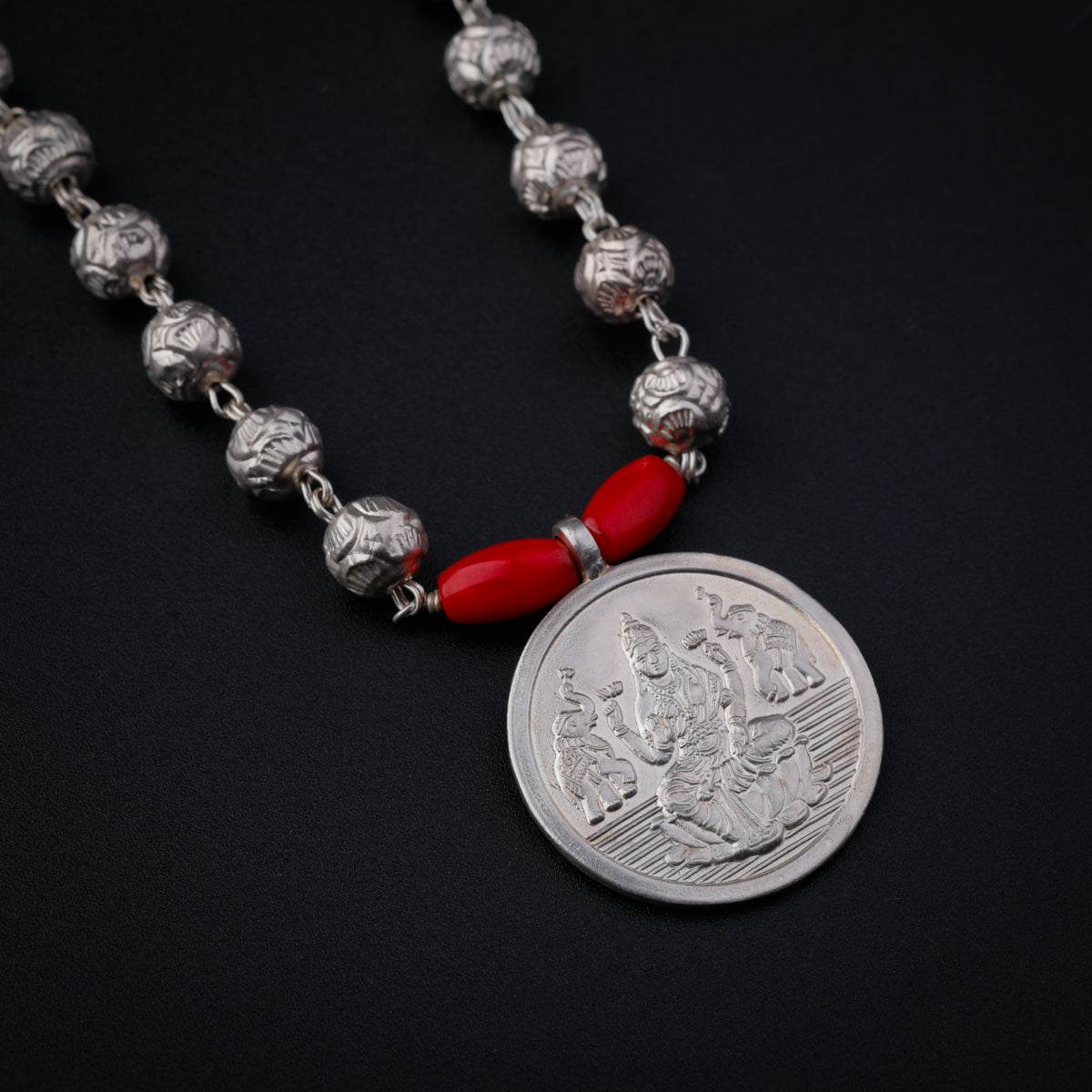 Silver Coin Putali Necklace with Coral & Silver Beads