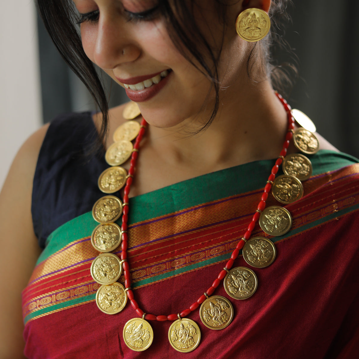 Coral Putali (Coin ) Haar Set: Long ( Coin necklace ) | 92.5 Silver | 22K Gold Plated