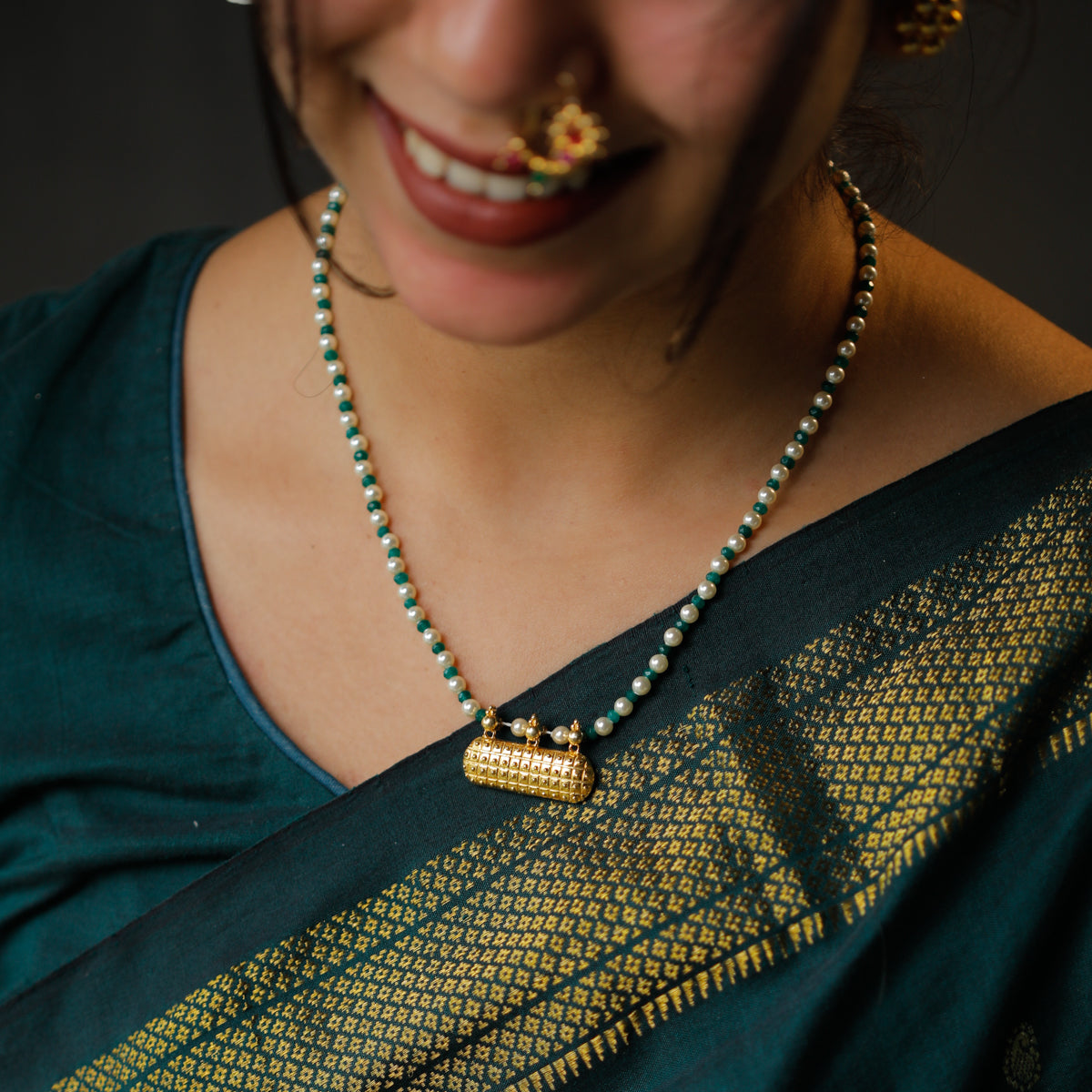 Green Onyx and Pearl Necklace with ताईत (Taait) Motif |  92.5 Silver | 22K Gold Plated