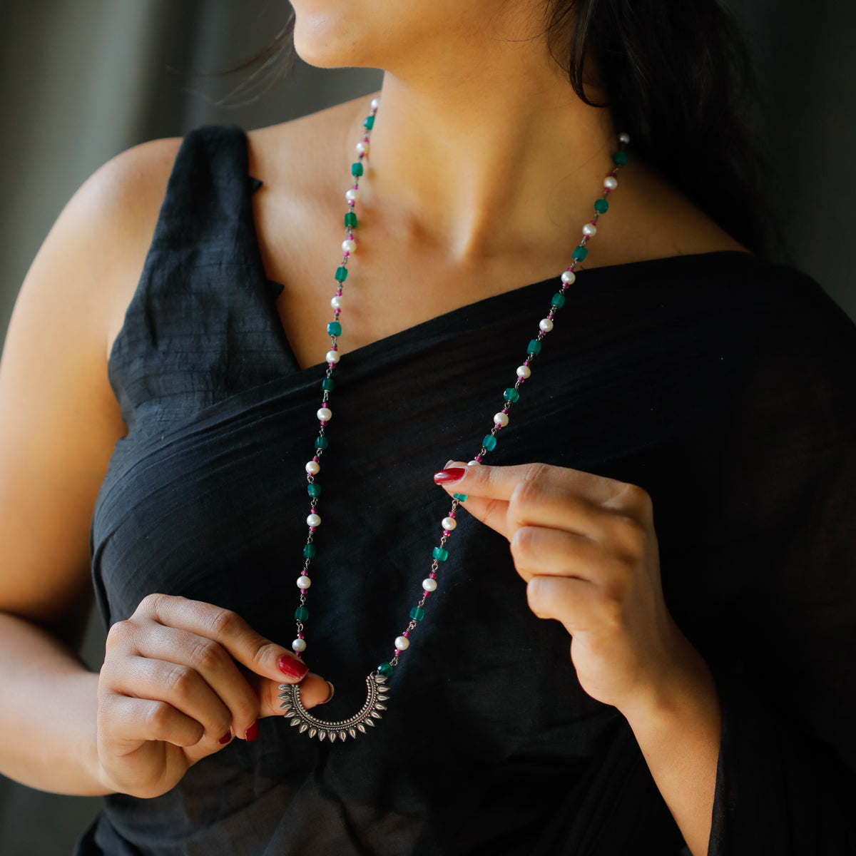 Peacock Pendant with Green Onyx, Ruby and Pearls