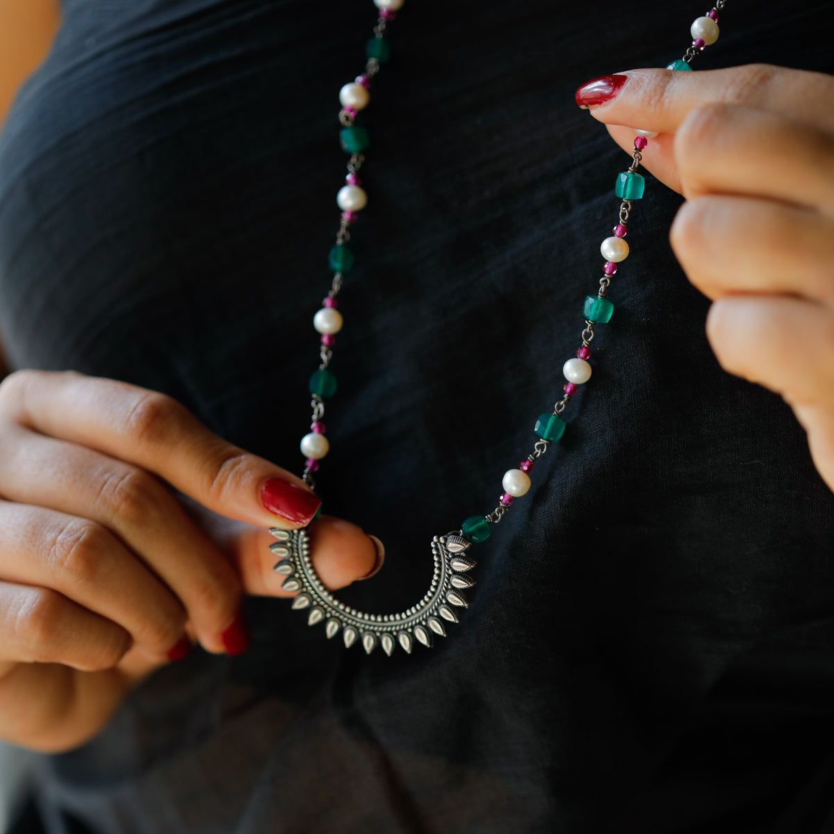 Peacock Pendant with Green Onyx, Ruby and Pearls