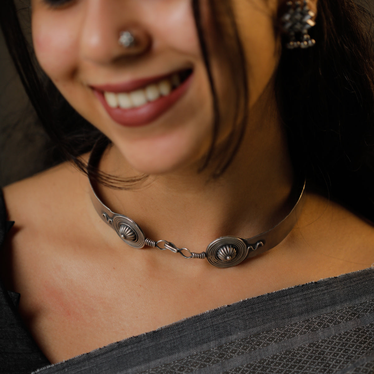 Chitaak: Silver Choker Necklace (Oxidised Finish) | 92.5 Silver
