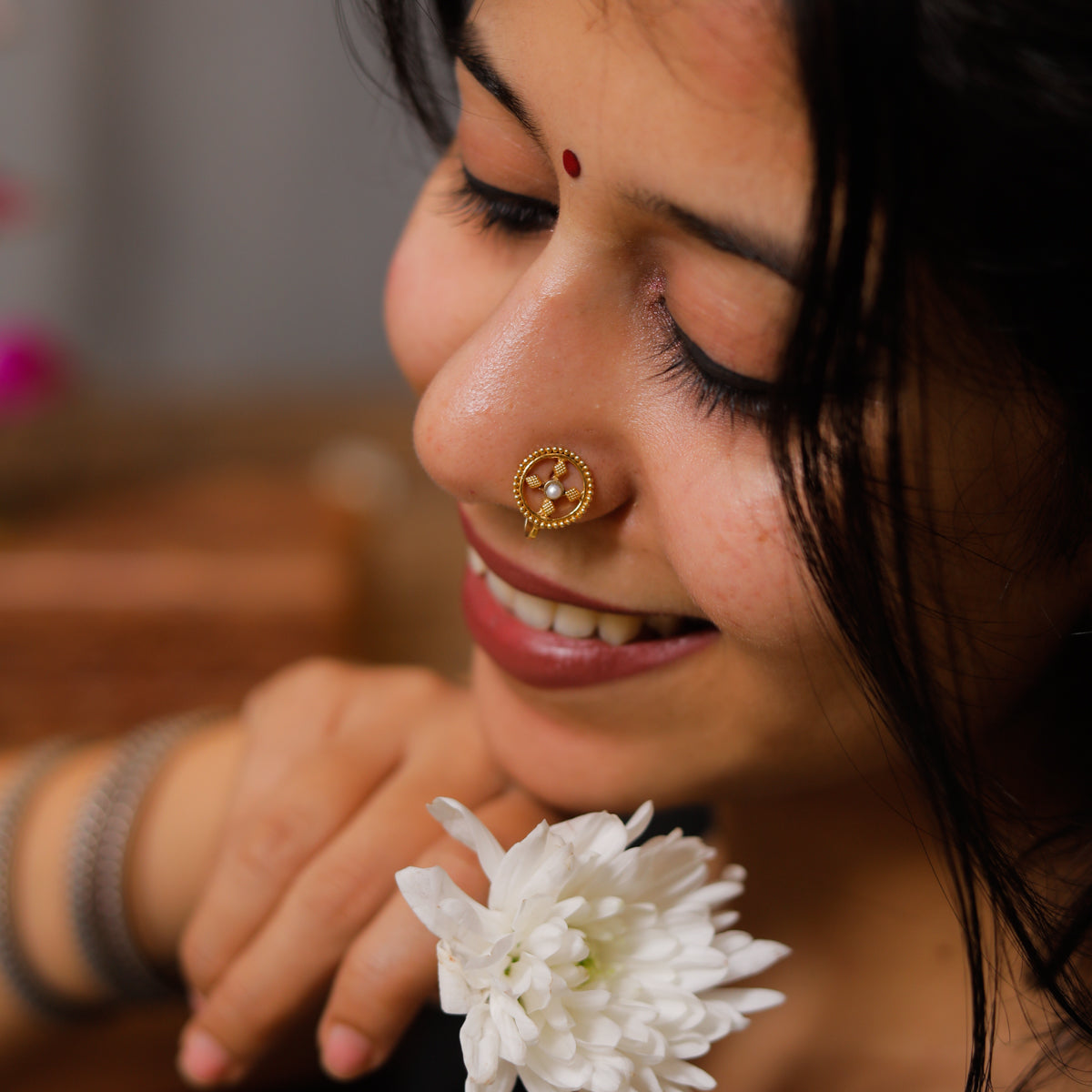 Pearl Diamond Nose pin (clip on) | 92.5 Silver | 22K Gold Plated