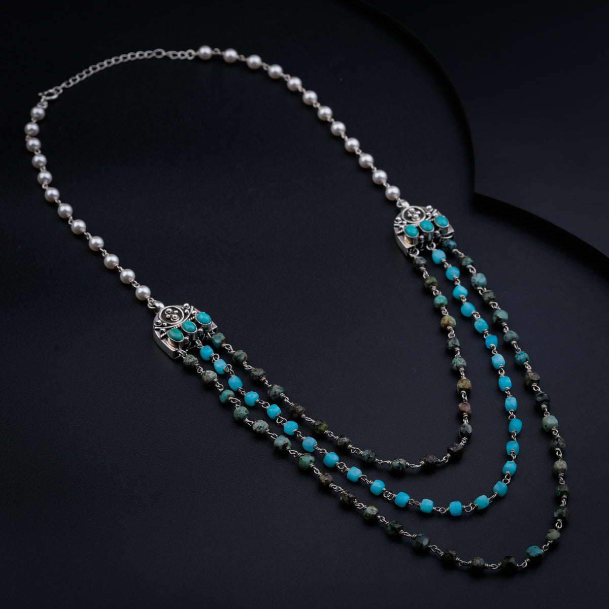 3 Layered Turquoise and Pearl Necklace