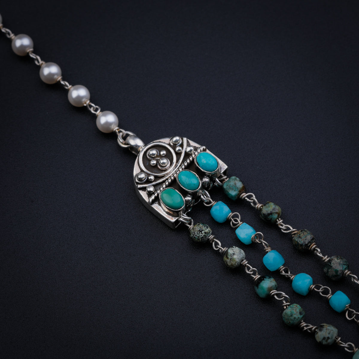 3 Layered Turquoise and Pearl Necklace