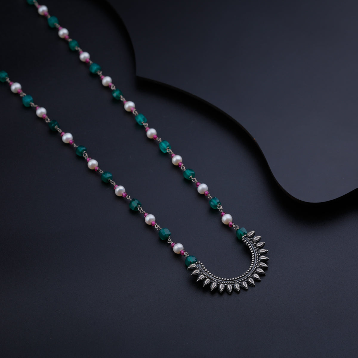 Peacock Pendant with Green Onyx, Ruby and Pearls