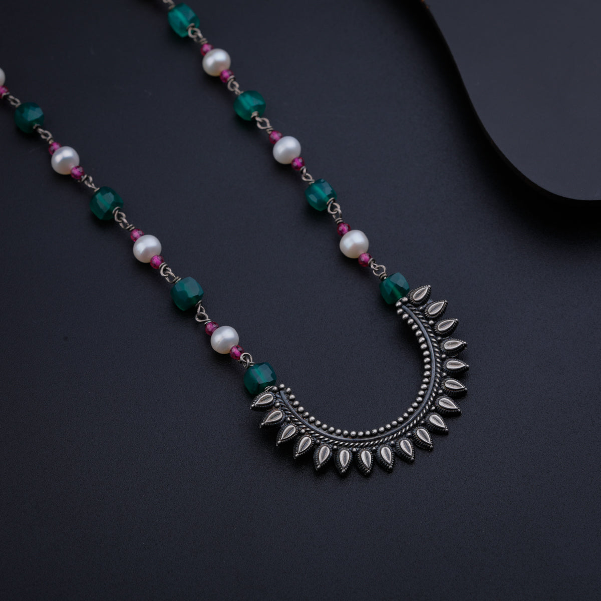 Peacock Pendant with Green Onyx, Ruby and Pearls
