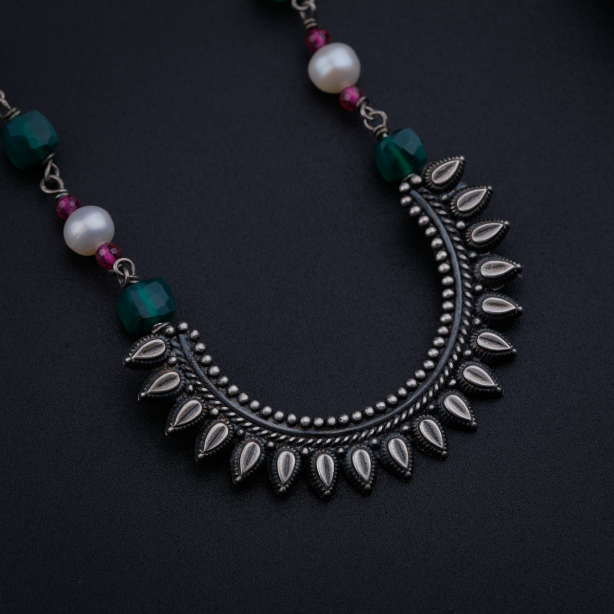 Peacock Pendant with Green Onyx, Ruby and Pearls
