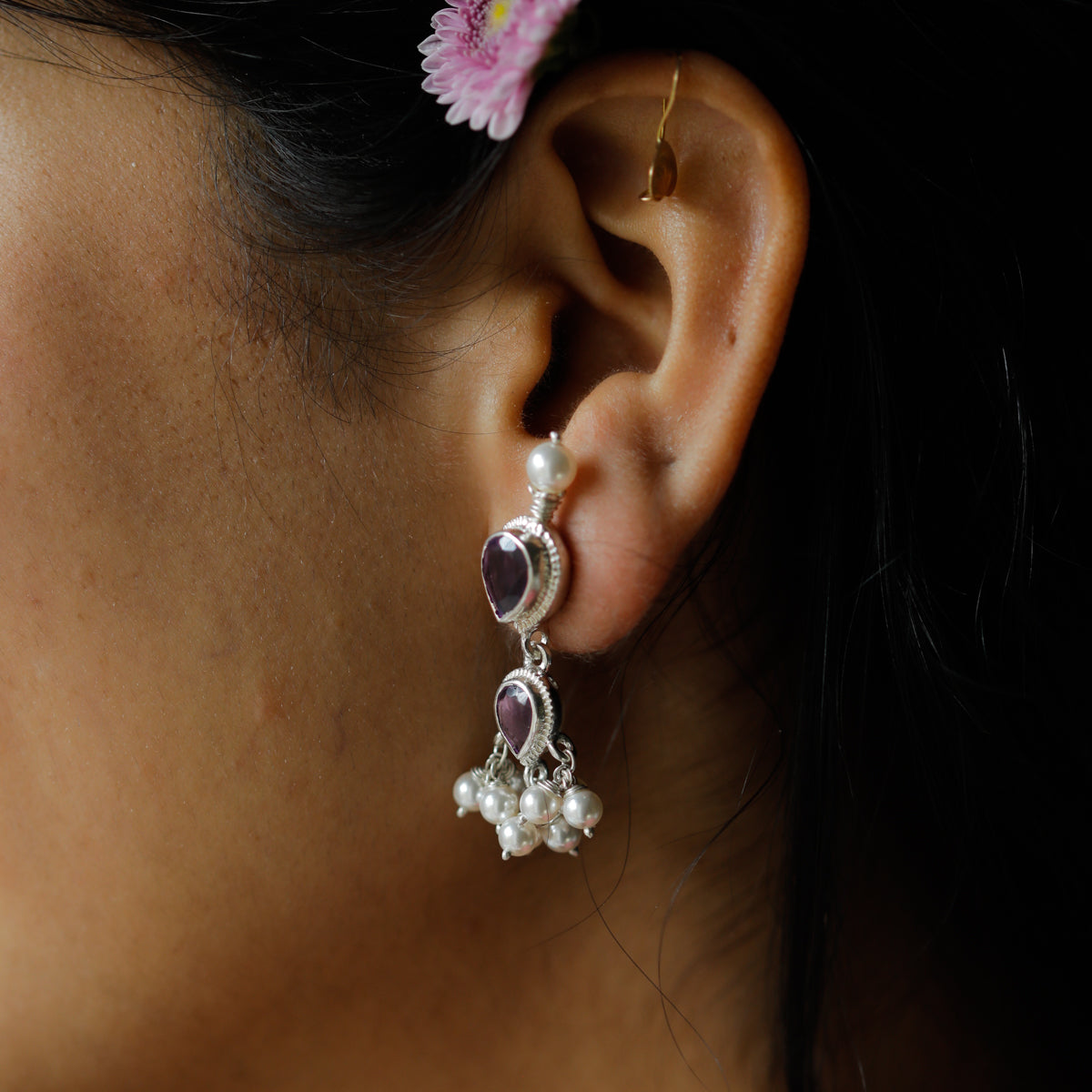 Amethyst silver tanmani earrings close-up handcrafted detailing