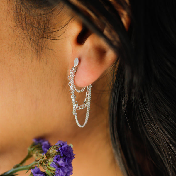 Three layer silver chain earrings close-up handcrafted detailing