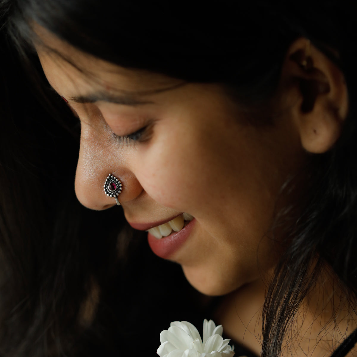 style silver clip on nose pin pink stone traditional outfit