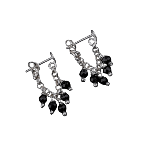 Silver Black Spinel Earrings with dangling beads