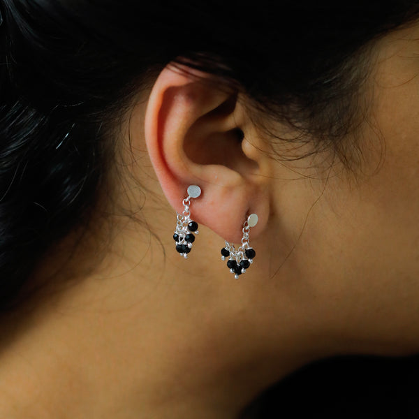 Silver Black Spinel Earrings with Beaded Dangles
