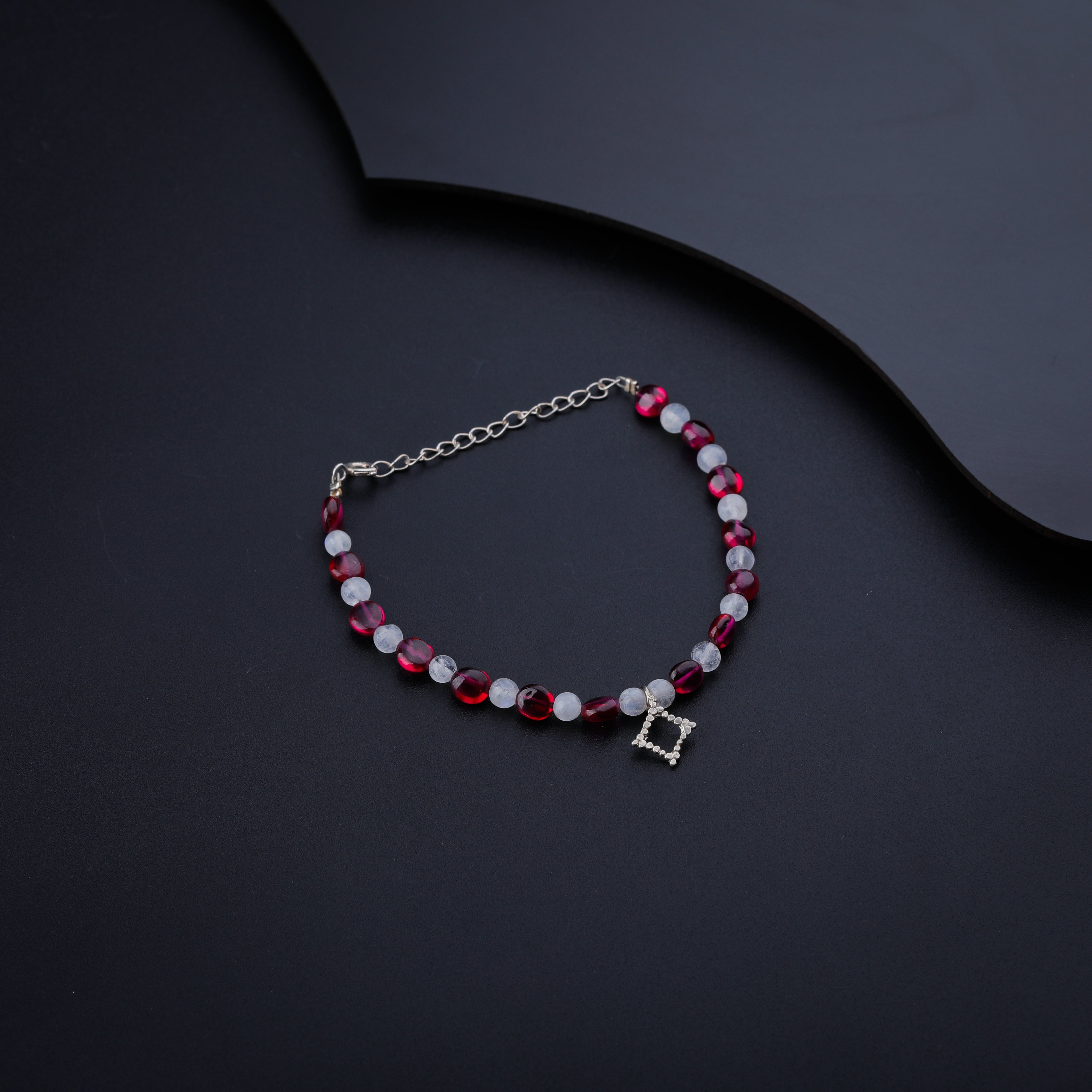 Ruby and Moon Stone Bracelet with Silver Charm