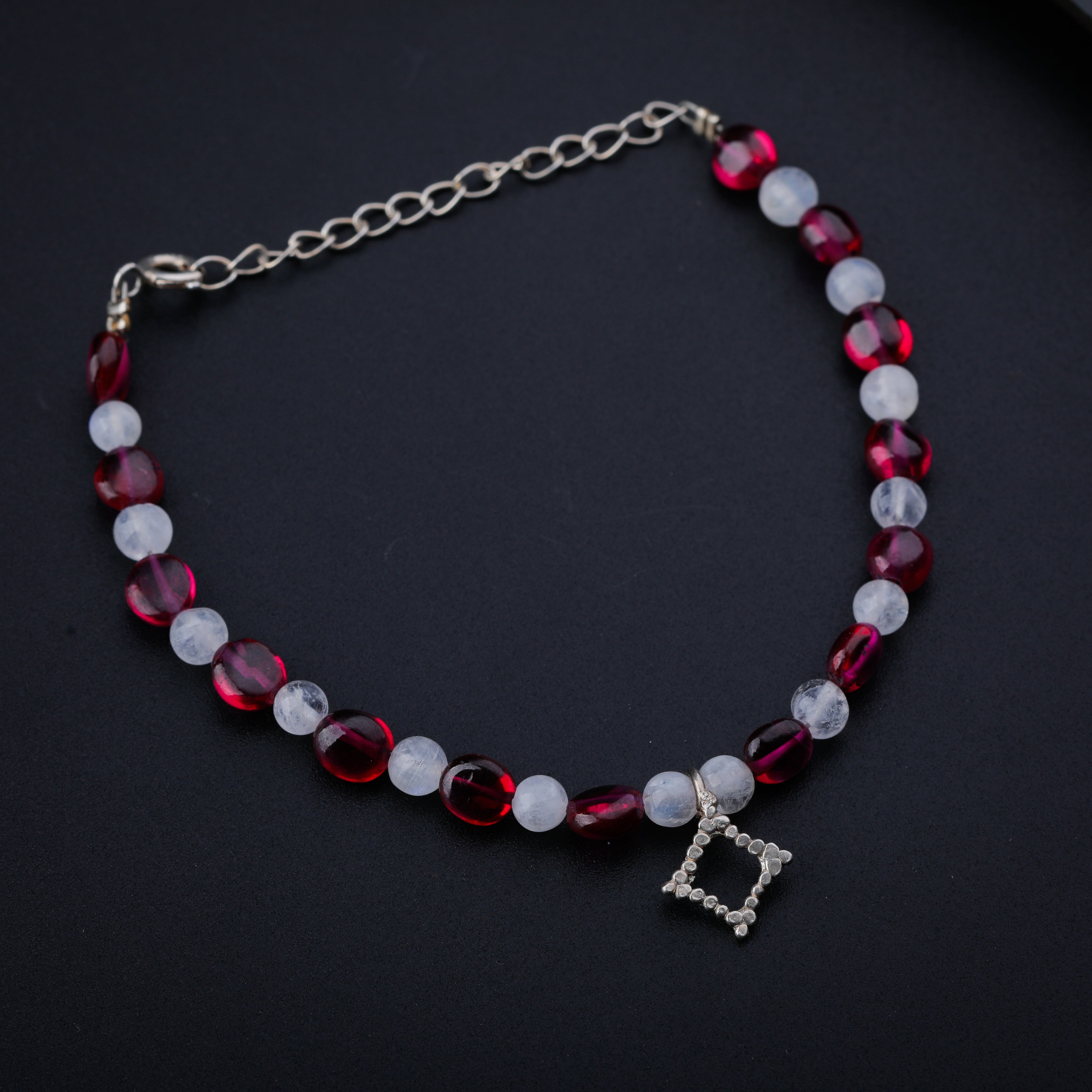 Ruby and Moon Stone Bracelet with Silver Charm