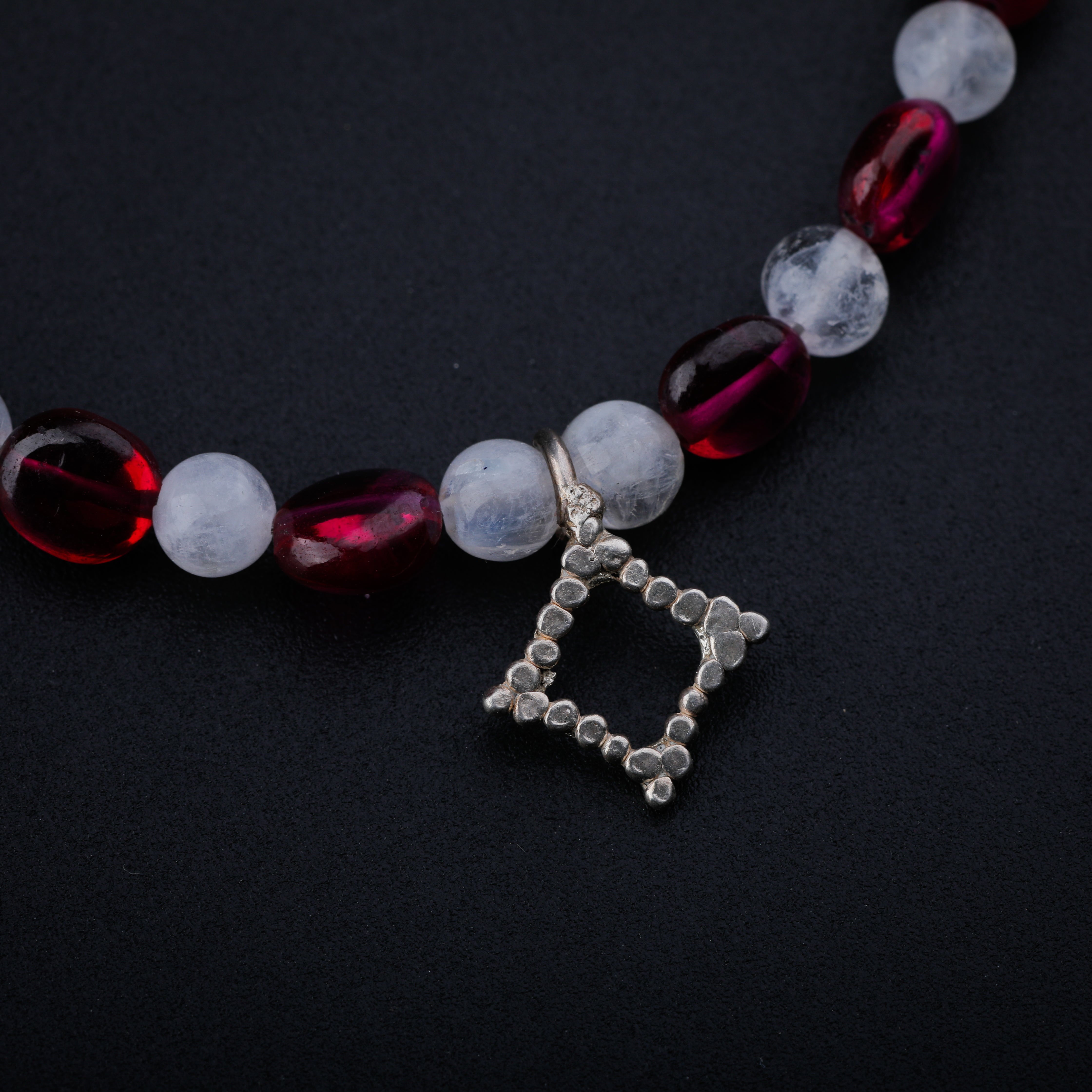 Ruby and Moon Stone Bracelet with Silver Charm