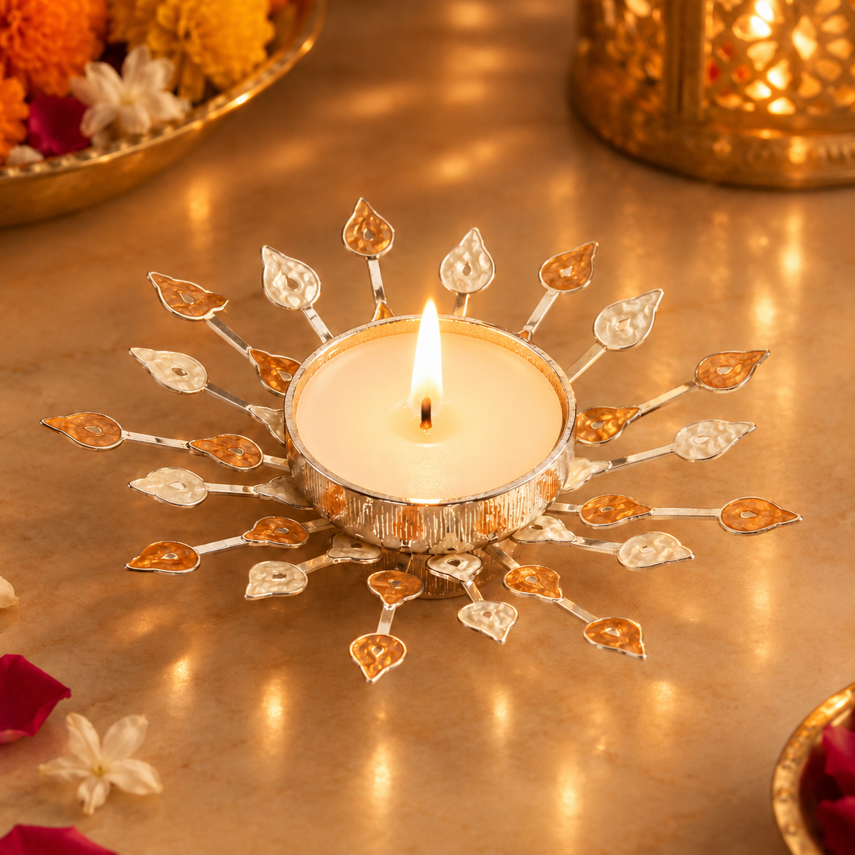 Silver Plated Candle Diya with Yellow & Beige Enamel