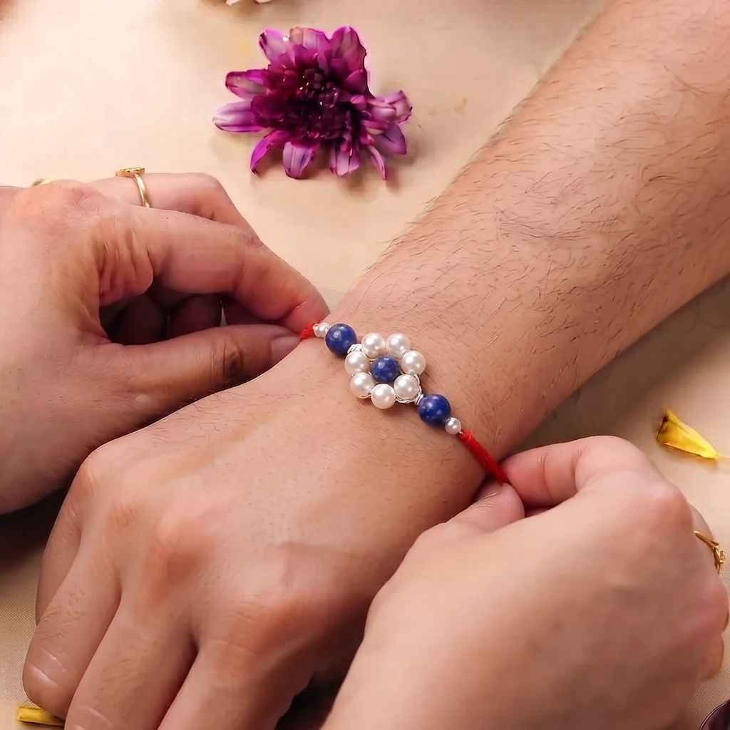 Lapis Lazuli & Pearl Flower Rakhi (Project Handmade)