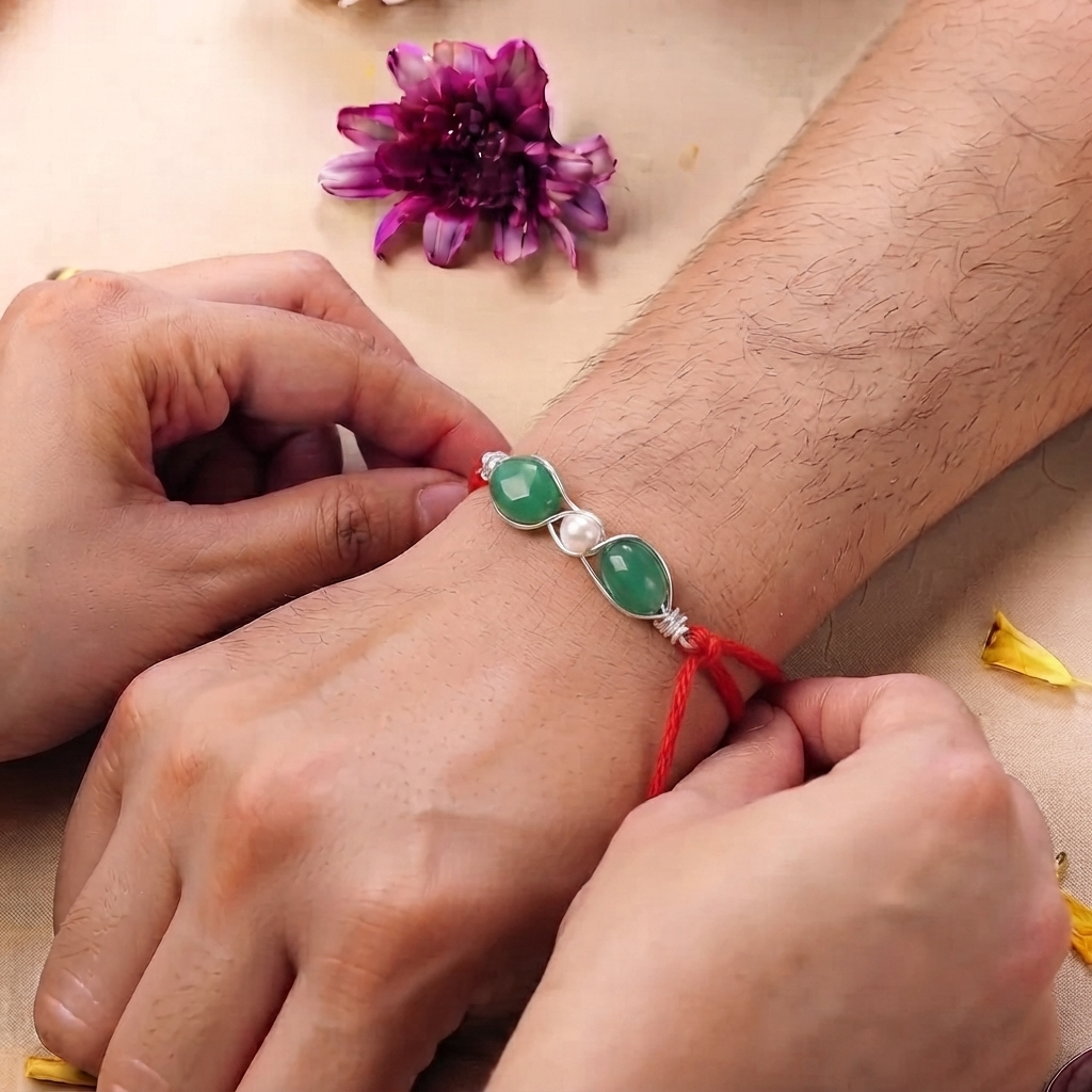 Green Onyx & Pearl Wrapped Rakhi (Project Handmade)