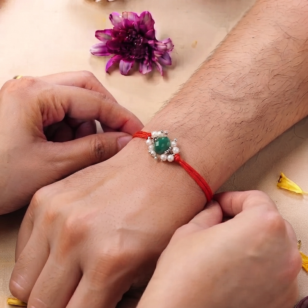 Green Onyx & Pearl Bunch Rakhi (Project Handmade)