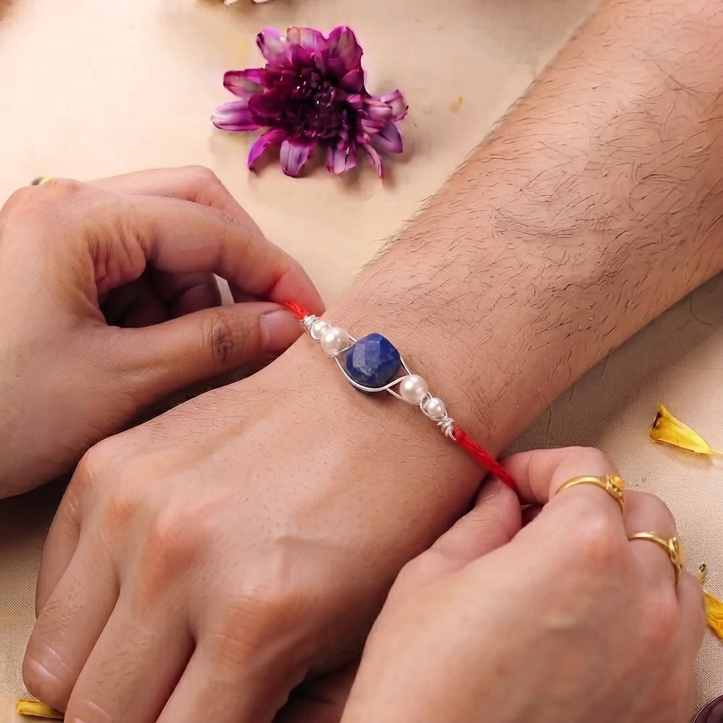 Lapis Lazuli & Pearl Wrapped Rakhi (Project Handmade)