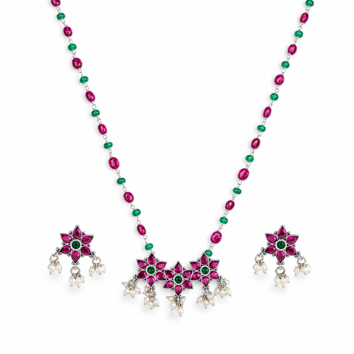 Silver Bageecha Flower Set with Rubies & Green Onyx