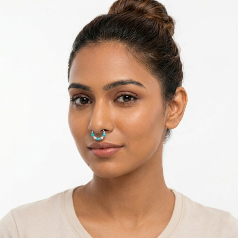 Silver Septum Cum Nose Ring with Blue & White Bead (Pierced)