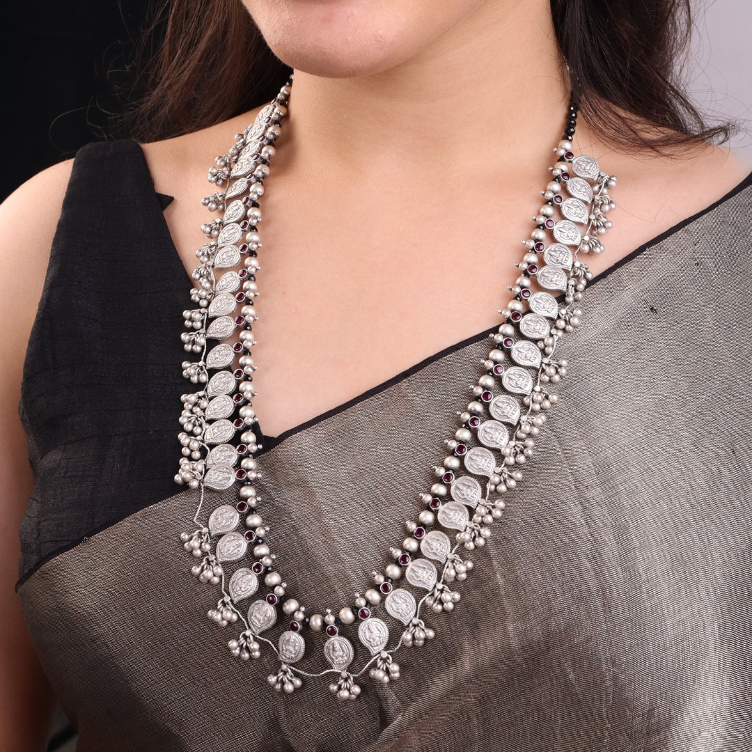 Silver oxidized traditional necklace with coin and bead details