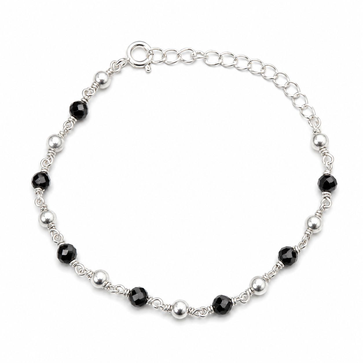 Silver Bracelet Black Spinel & Silver Beads