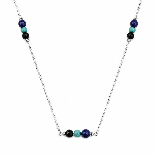 Silver chain necklace with turquoise, black, and navy beads for modern elegance