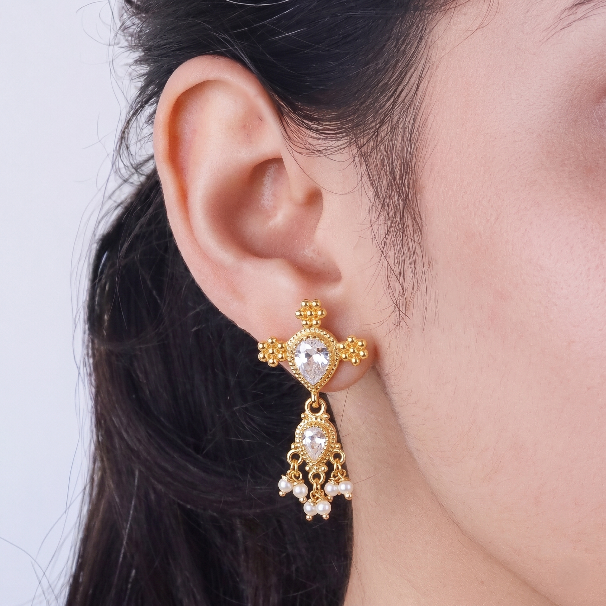 Silver Cz kudi tanmani set with pearls (3 Leaf) | 92.5 Silver | 22K Gold Plated