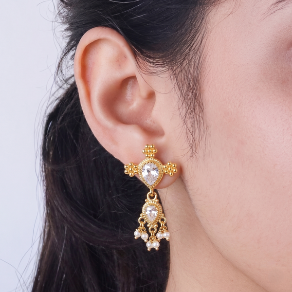 Silver Cz kudi tanmani set with pearls (3 Leaf) | 92.5 Silver | 22K Gold Plated