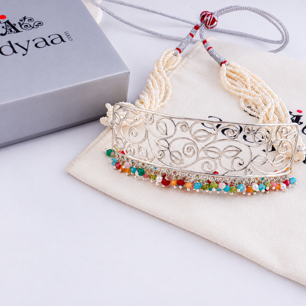 Pearl & Multicolour Bunch Filigree Leaf Choker Necklace